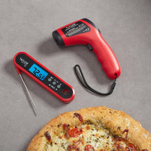 Red digital food thermometer gun with display and metal probe, Taylor set