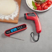 Red handheld digital thermometer with metal probe and cable, Taylor set