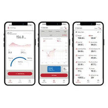 Smartphone app screens for body composition scale: weight, BMI, body fat.
