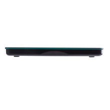 Black digital kitchen scale with slim side profile and teal accent edge