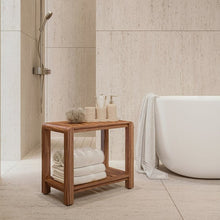 Teak wood bench with two-tier slatted shelves, bathroom styling with folded towels