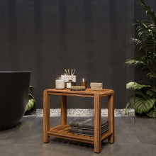 Teak wood two-tier bench with slatted shelves, styled for spa supplies