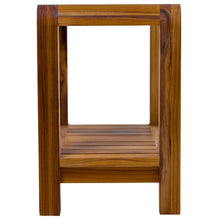 Teak bench end view with open frame and lower slatted shelf