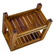Teak bench top with parallel slats and corner hardware, open two-shelf design