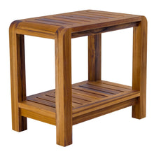 Teak wood bench with two-tier open frame and slatted shelves, rectangular design