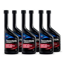 Fuel system cleaner bottles, black with blue and red front labels