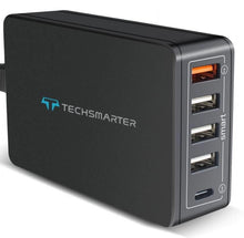 Black multi-port USB-C PD desktop charger with 5 ports and smart charging indicator
