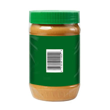 Peanut butter jar with green lid and barcode label on back