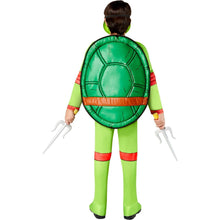 Green ninja turtle costume back with oversized shell print and foam swords