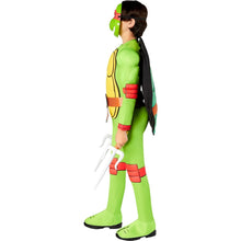 Green ninja turtle costume side view with black cape, mask, and foam sword