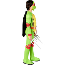 Green ninja turtle costume side view with black cape, mask, and foam sword