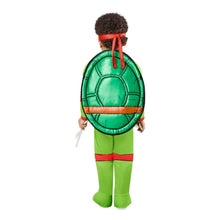 Toddler turtle costume back: green suit with molded shell backpack and red ties