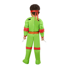 Toddler turtle costume back: green jumpsuit with molded shell backpack and red straps