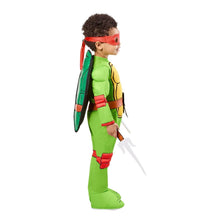Toddler turtle costume, green suit with red eye mask, shell backpack, foam swords