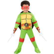 Toddler turtle costume: green jumpsuit, red eye mask, brown belt, molded shell