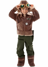 Children's aviator costume with brown jacket, goggles hood, and green pants