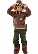 Children's aviator costume, brown hooded jacket with fur trim and goggles, olive pants