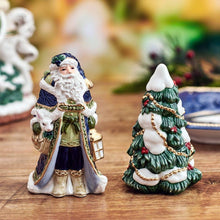 Ceramic Santa and Christmas tree salt and pepper figurine set, blue coat and green tree