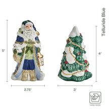 Ceramic Santa and Christmas tree salt and pepper figurine set, detailed coats and ornaments