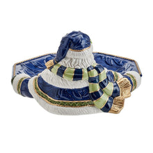 Blue ceramic Santa serving bowl with wrapped scarf design and green-trimmed edge