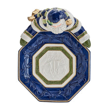 Blue ceramic Santa serving bowl with Santa face relief and green-trimmed octagon center