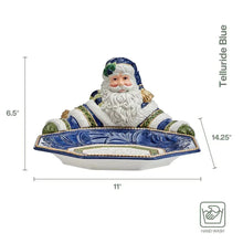 Blue ceramic Santa serving bowl, front view, with green-trimmed octagon center