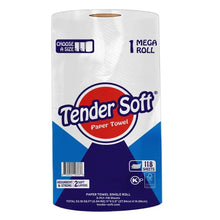 Tender Soft 2-ply paper towel roll, white wrapping with blue logo, 118 sheets