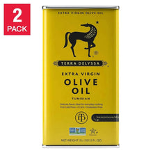 Extra virgin olive oil tin with yellow Terra Delyssa label