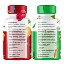 Two supplement bottles: red Super Fruits and green Super Veggies, with back label ingredient text.