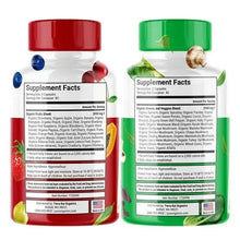 Supplement Facts panels on two bottles: Super Fruits (red) and Super Veggies (green).