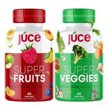 Supplement capsule bottles with red and green caps, labeled Super Fruits and Super Veggies.