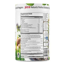 USDA organic super greens powder tub back with Supplement Facts panel and barcode