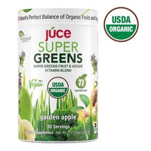 USDA organic super greens powder tub with garden apple flavor, vegan badge