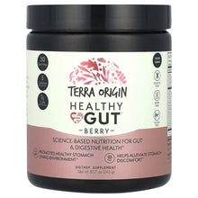 Healthy gut supplement jar, berry-flavored powder label with 30 servings