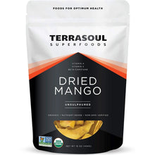 Terrasoul dried mango slices pouch, window showing golden mango pieces