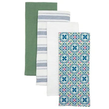 Assorted kitchen towels: green solid, blue striped, white, and teal tile print.
