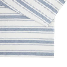 White kitchen towel with blue horizontal stripes, folded with striped edge.