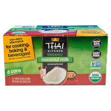 Coconut milk carton with green front, unsweetened coconut milk, and 6 cans