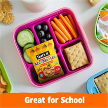 Crunchables snack packs in a pink bento tray with fruit and crackers.