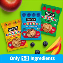 Crunchables organic fruit crisps snack packs with apple, mango, and blueberry flavors.