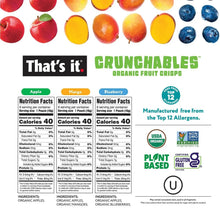 Crunchables organic fruit crisps nutrition facts panel on pouch.