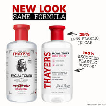 Thayers facial toner bottles, red caps, front and back views of rose petal formula