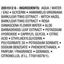 Facial toner ingredient list featuring water, glycerin, and witch hazel