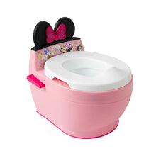 Pink toddler potty training seat with white lid and black bow handle
