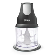 Gray 2-cup food chopper with clear bowl and central blade under splash guard lid