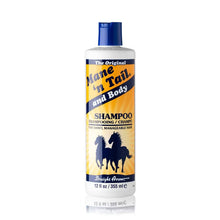 Mane 'n Tail and Body shampoo bottle with blue cap, front label and horse logo