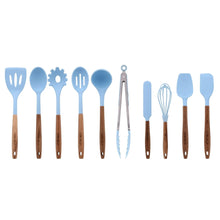 Blue silicone cooking utensils set with acacia wood handles, 10-piece assortment