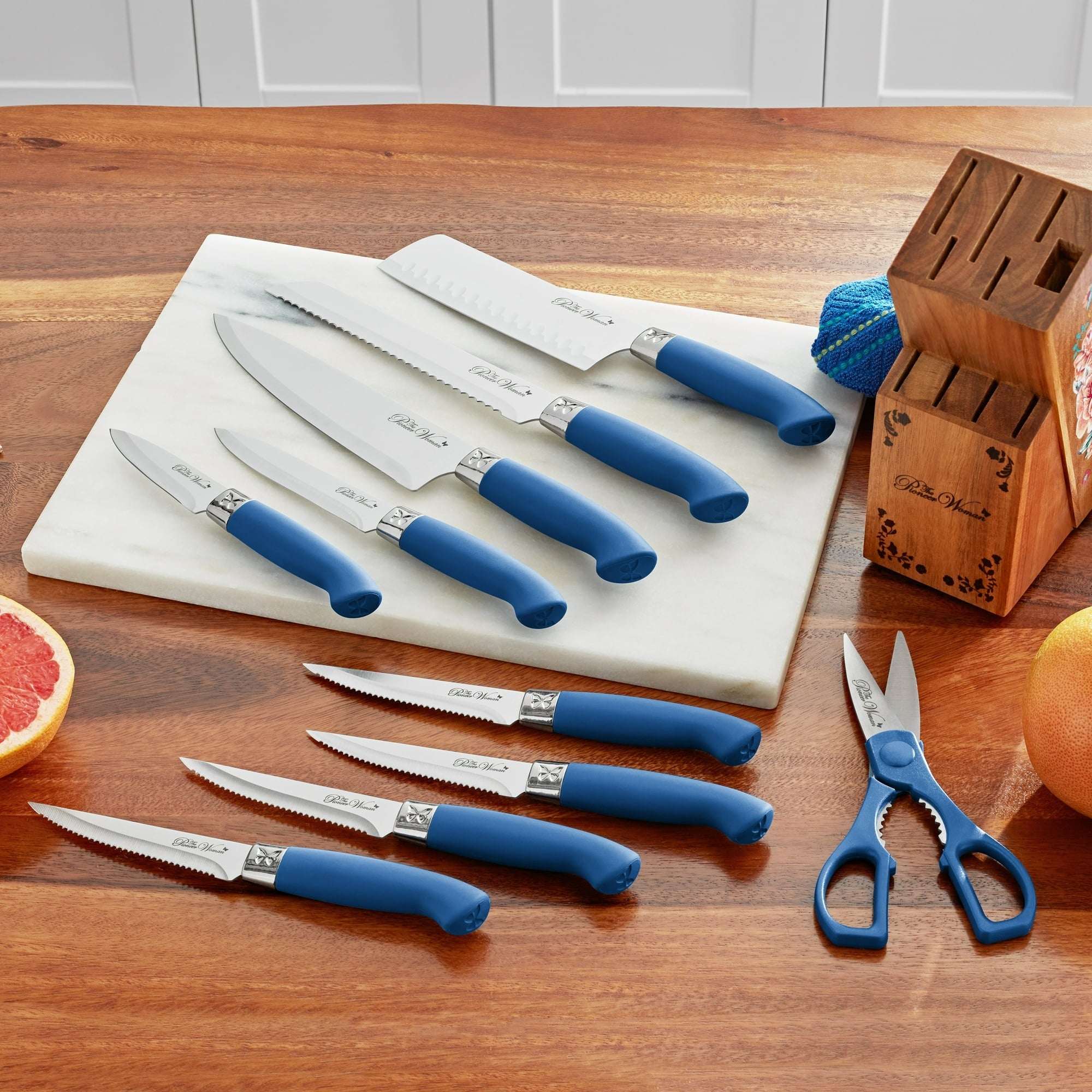 The Pioneer Woman Breezy Blossoms 11-Piece Stainless Steel Knife Block Set, Teal