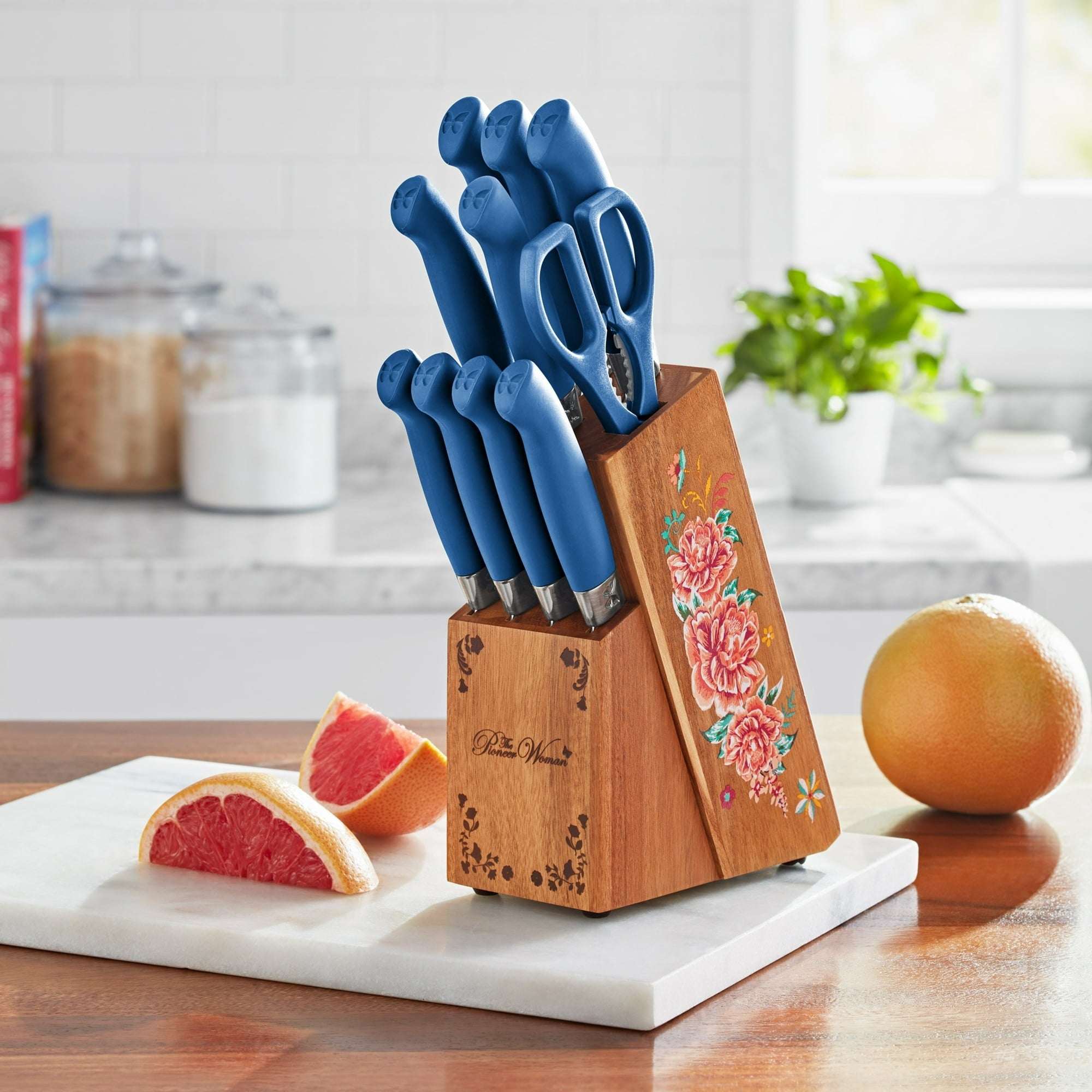 The Pioneer Woman Breezy Blossoms 11-Piece Stainless Steel Knife Block Set, Teal