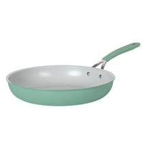 Green ceramic nonstick fry pan with wide rim and loop handle